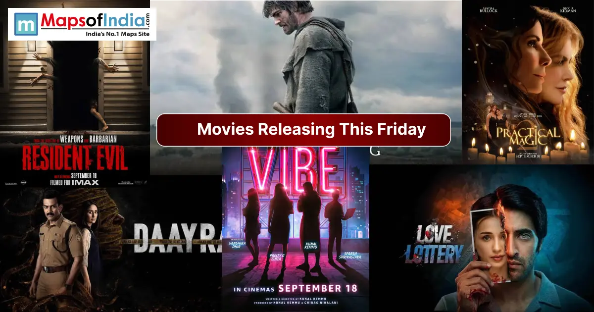 A collage of upcoming movie posters including "Resident Evil", "Daayra", "Vibe", "Practical Magic", and "Love Lottery", with text reading "Movies Releasing This Friday".