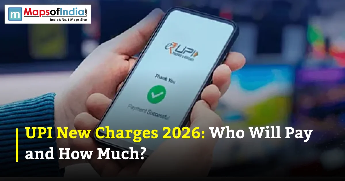 A hand holding a smartphone displaying a green checkmark for a successful UPI payment, with text reading "UPI New Charges 2026: Who Will Pay and How Much?".