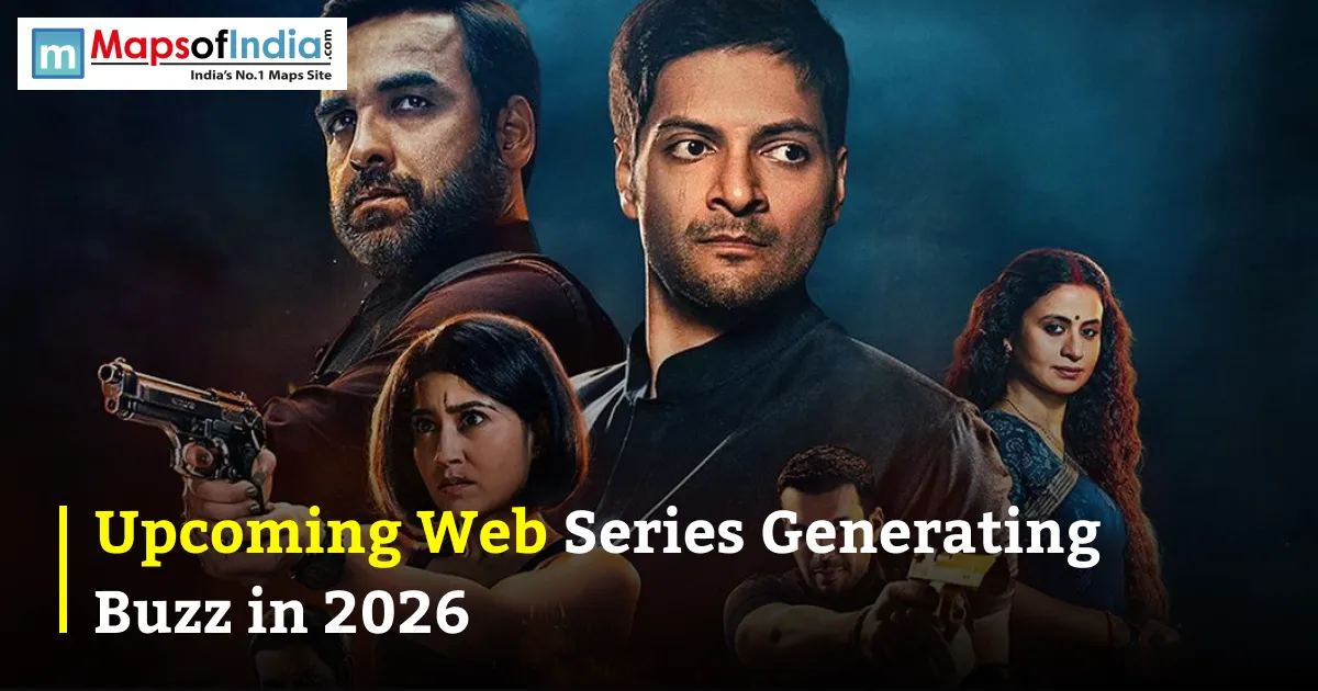 Poster featuring the cast of the Indian web series Mirzapur with text reading "Upcoming Web Series Generating Buzz in 2026."