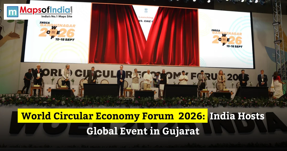 Dignitaries on stage at the World Circular Economy Forum 2026 event in Gandhinagar, with text reading "World Circular Economy Forum 2026: India Hosts Global Event in Gujarat".