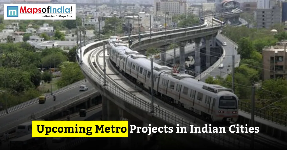 Image of a metro running with text overlaying "upcoming metros in the indian cities"