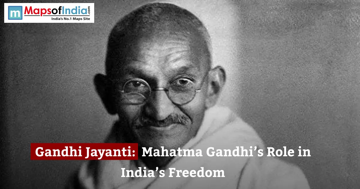 Mahatma Gandhi portrait with Gandhi Jayanti 2 October text commemorating his role in India’s freedom struggle.