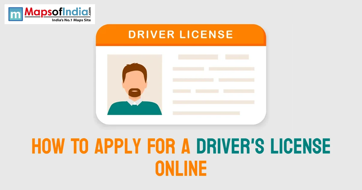 Graphic illustrating how to apply for a driver's license online, featuring a driver's license card graphic and the Maps of India logo.