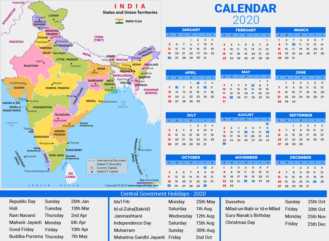 2020 Indian Calendar With Holidays Free Printable