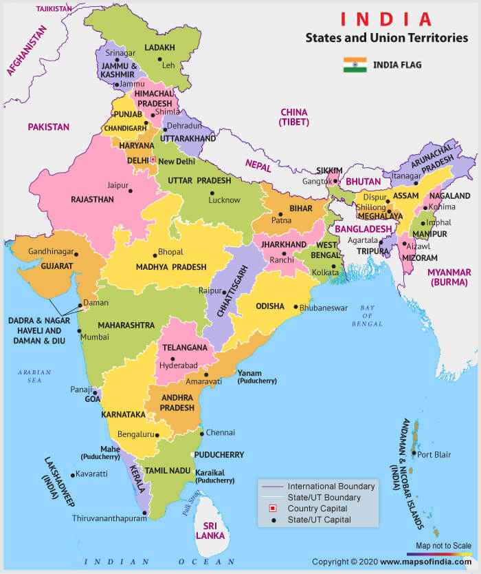India Map - Map of India showing with States, UTs and Capital cities