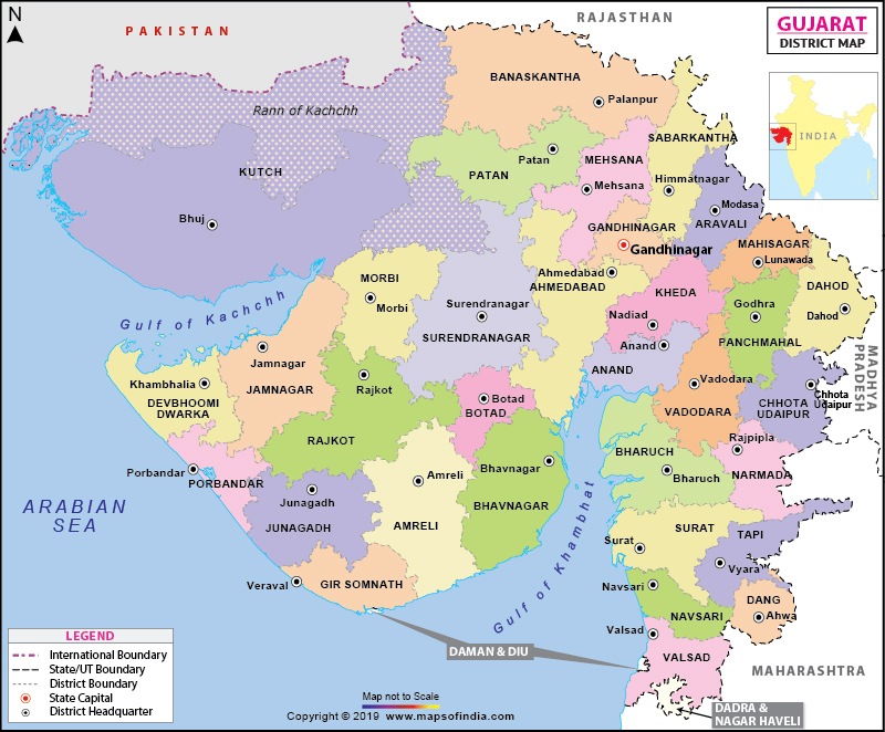 Districts Of Gujarat Map Gujarat Districts Map