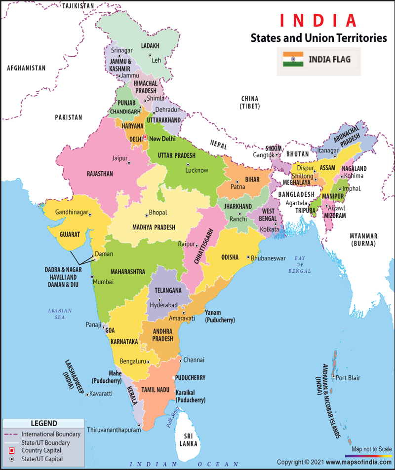 List of Indian States, UTs and Capitals on India Map
