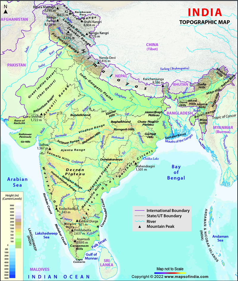 Mountain Ranges In India Map Topographic Map of India