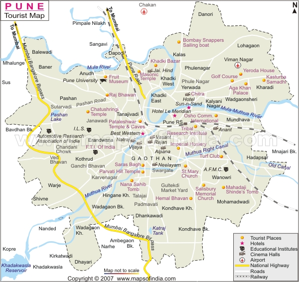 Pune City Map With Distance Places to visit in and tourist destinations near Pune