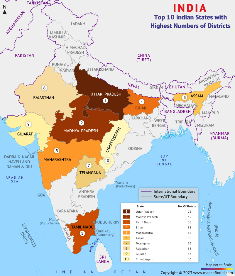 Map of Top 10 Indian States with Highest Numbers of Districts