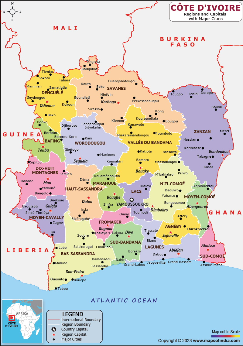 Cote d'Ivoire Regions and Capital Map