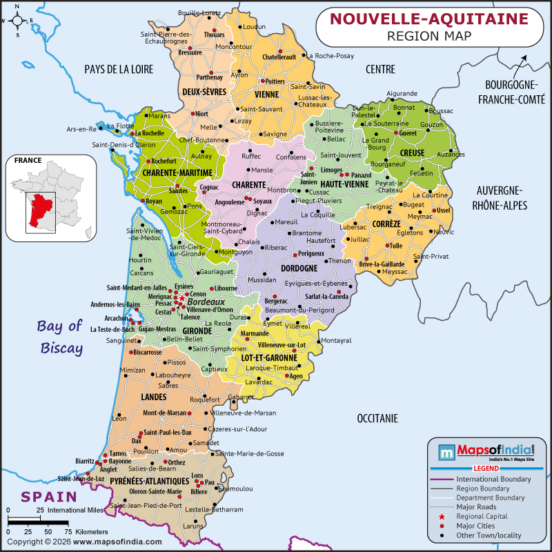 Nouvelle Aquitaine Map | Location and Geography of Nouvelle Aquitaine France Nouvelle Aquitaine map showing location, boundaries, major cities and geographical features of Nouvelle Aquitaine in France