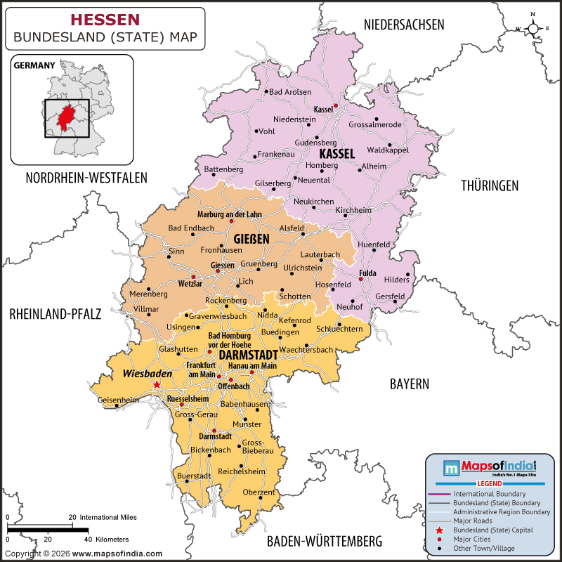 Hessen Map | Location and Geography of Hessen Germany Hessen map showing location, boundaries, major cities and geographical features of the Republic of Hessen in Germany