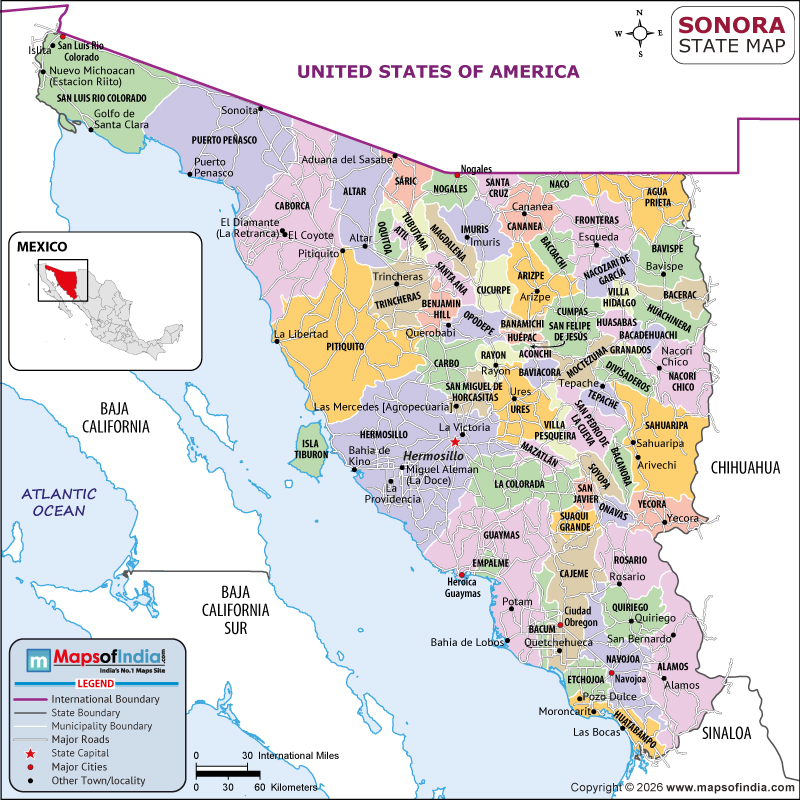 Sonora Map | Location and Geography of Sonora Mexico Sonora map showing location, boundaries, major cities and geographical features of the Republic of Sonora in Mexico