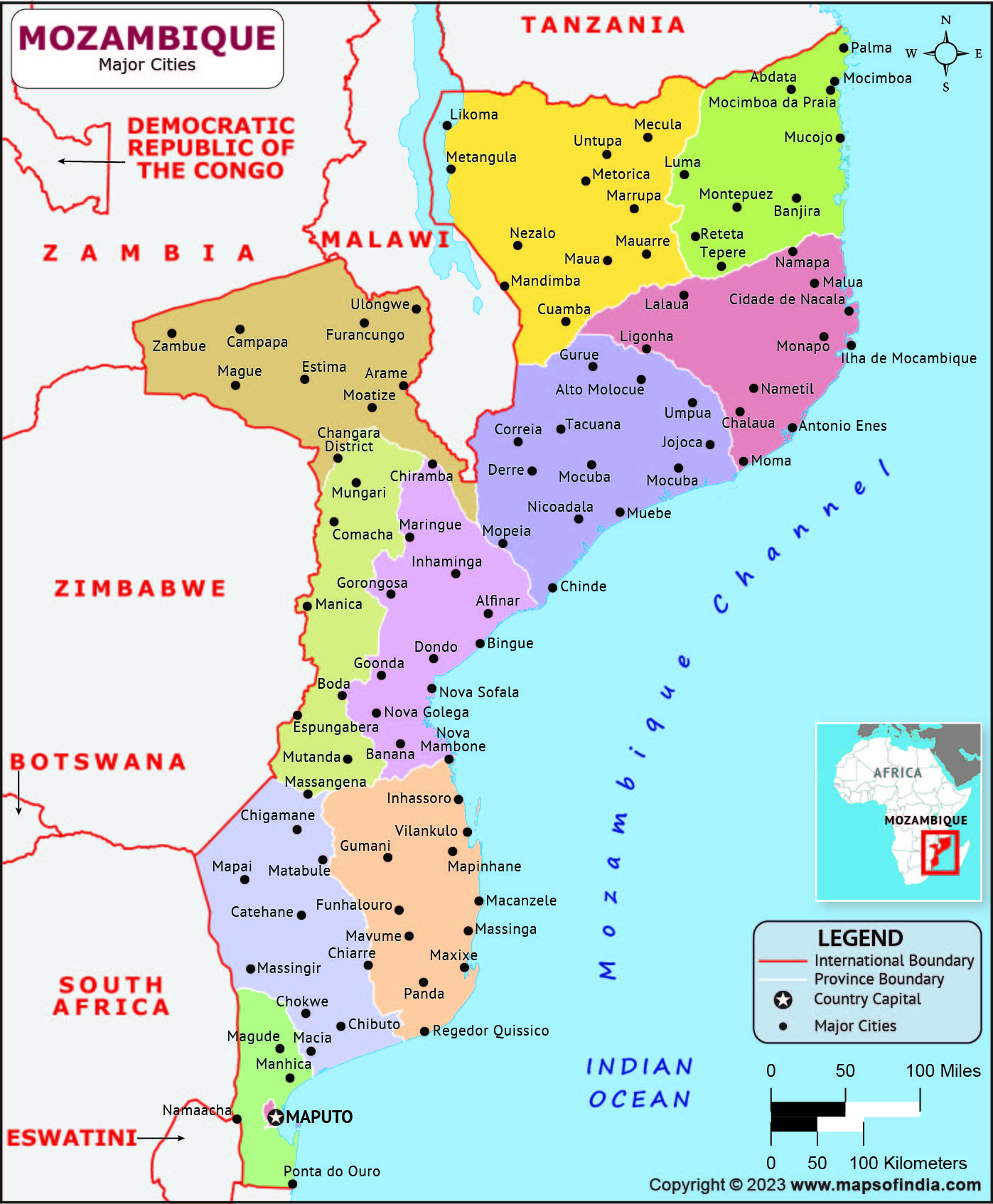 Mozambique Regions and Capital Map