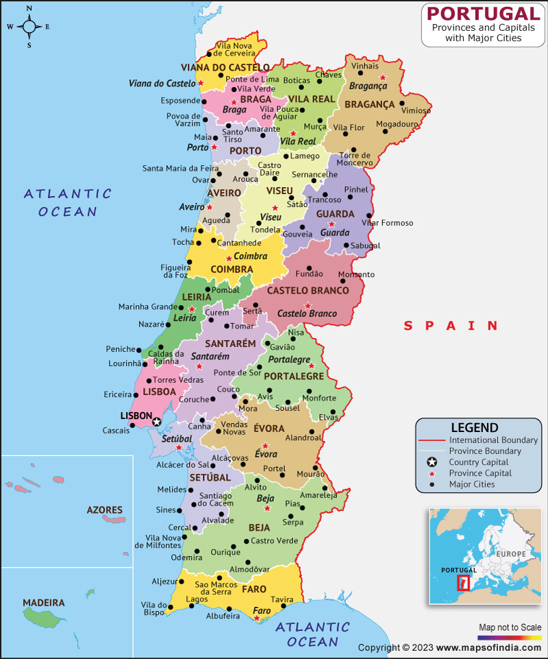 The Detailed Map of the Portugal with Regions or States and Cities