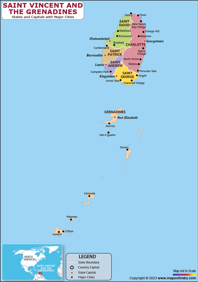 Saint Vincent And The Grenadines Parishes And Capital Map 
