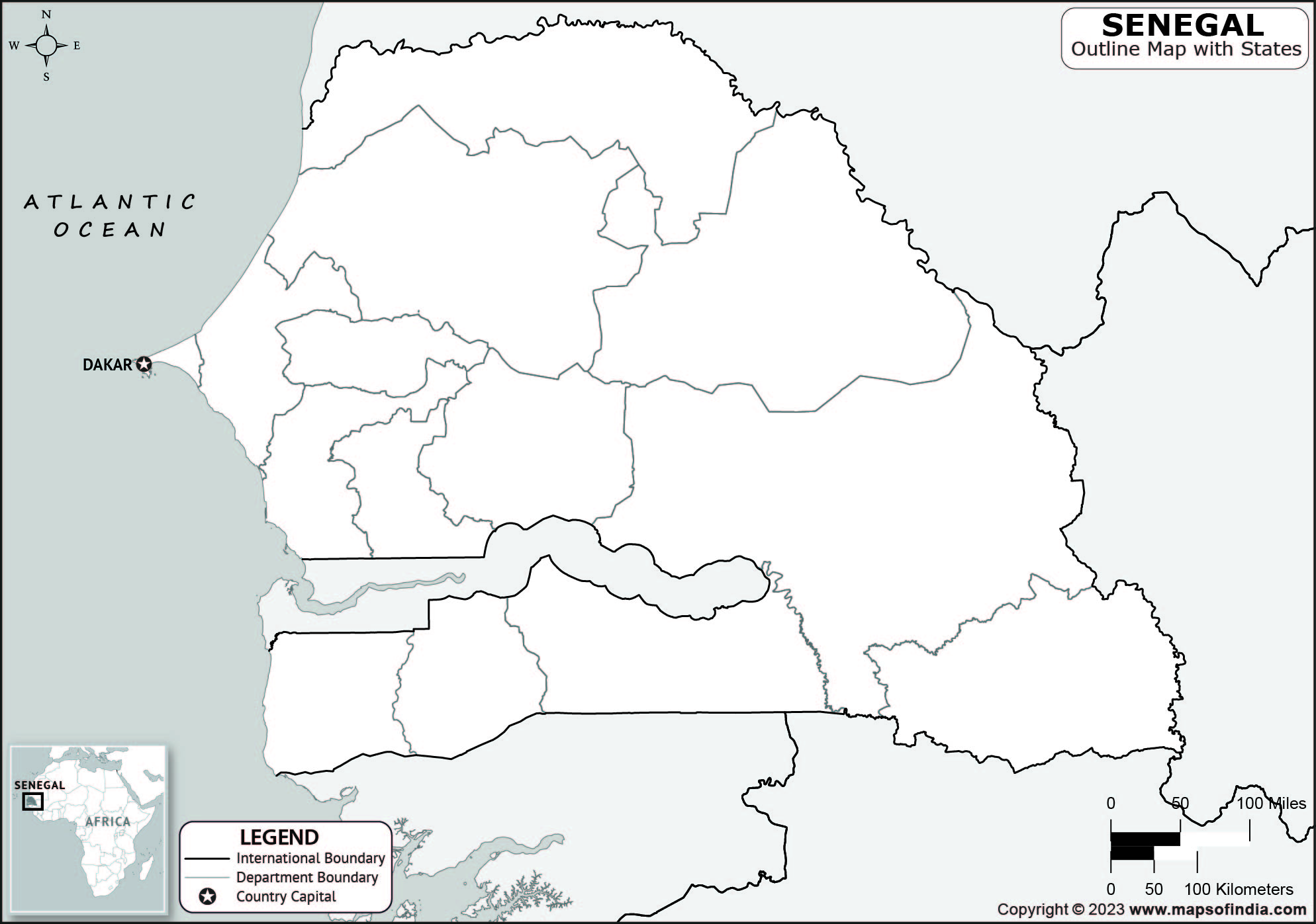 Senegal Outline Map | Senegal Outline Map with State Boundaries