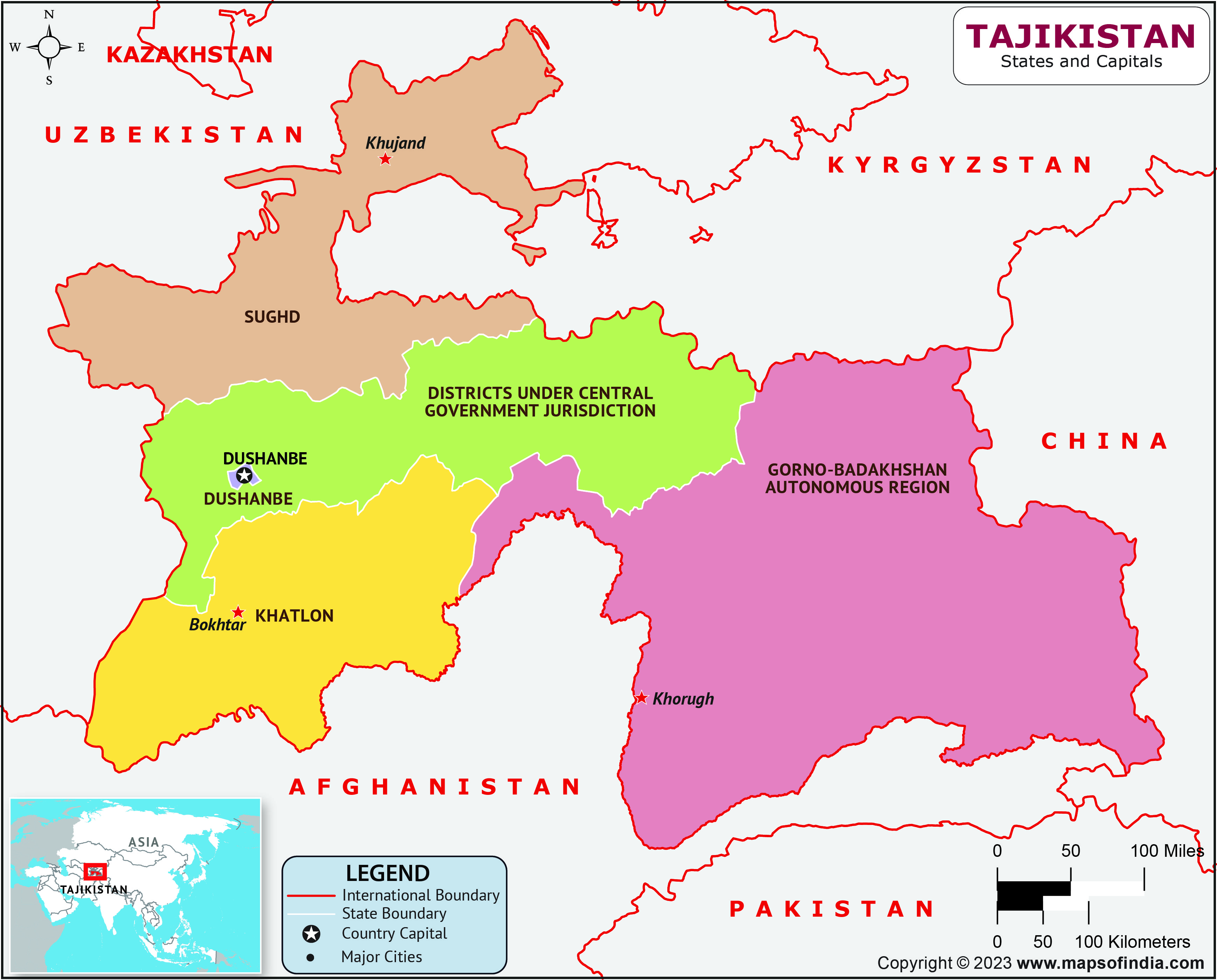 Tajikistan Regions  and Capital Map