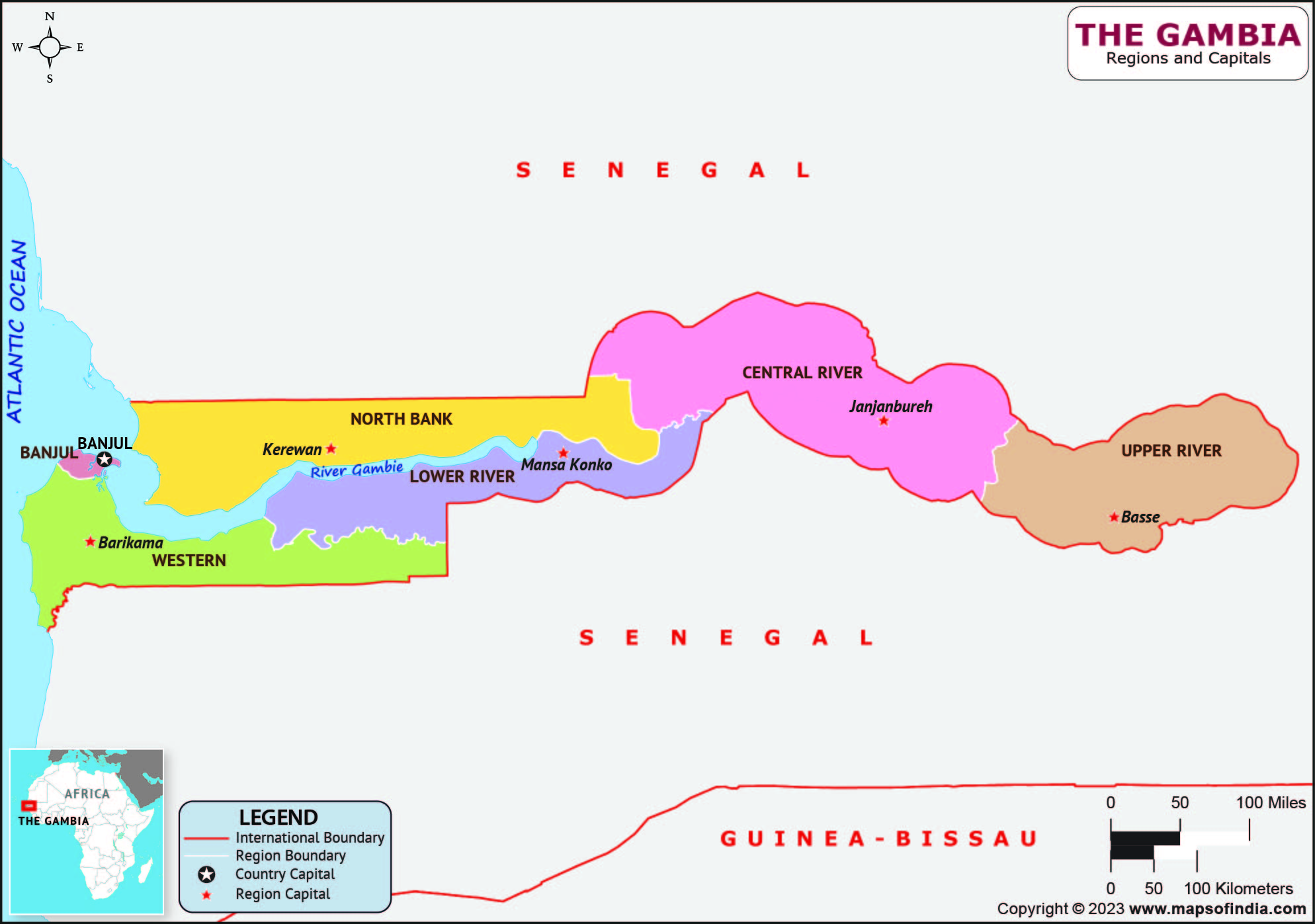 The Gambia Regions and Capitals List and Map | List of Regions and ...