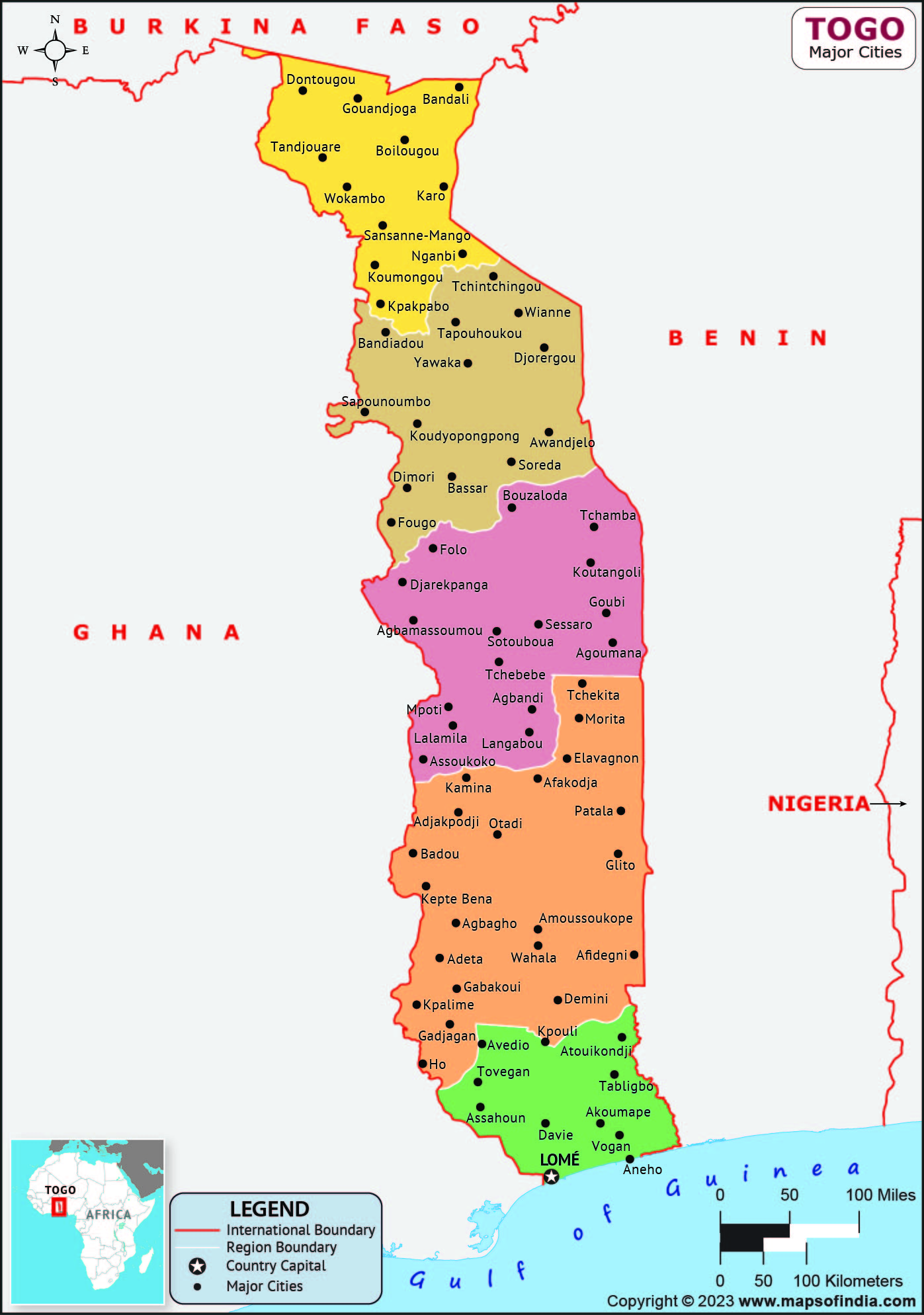 Togo Major Cities Map | List of Major Cities in Different States of Togo