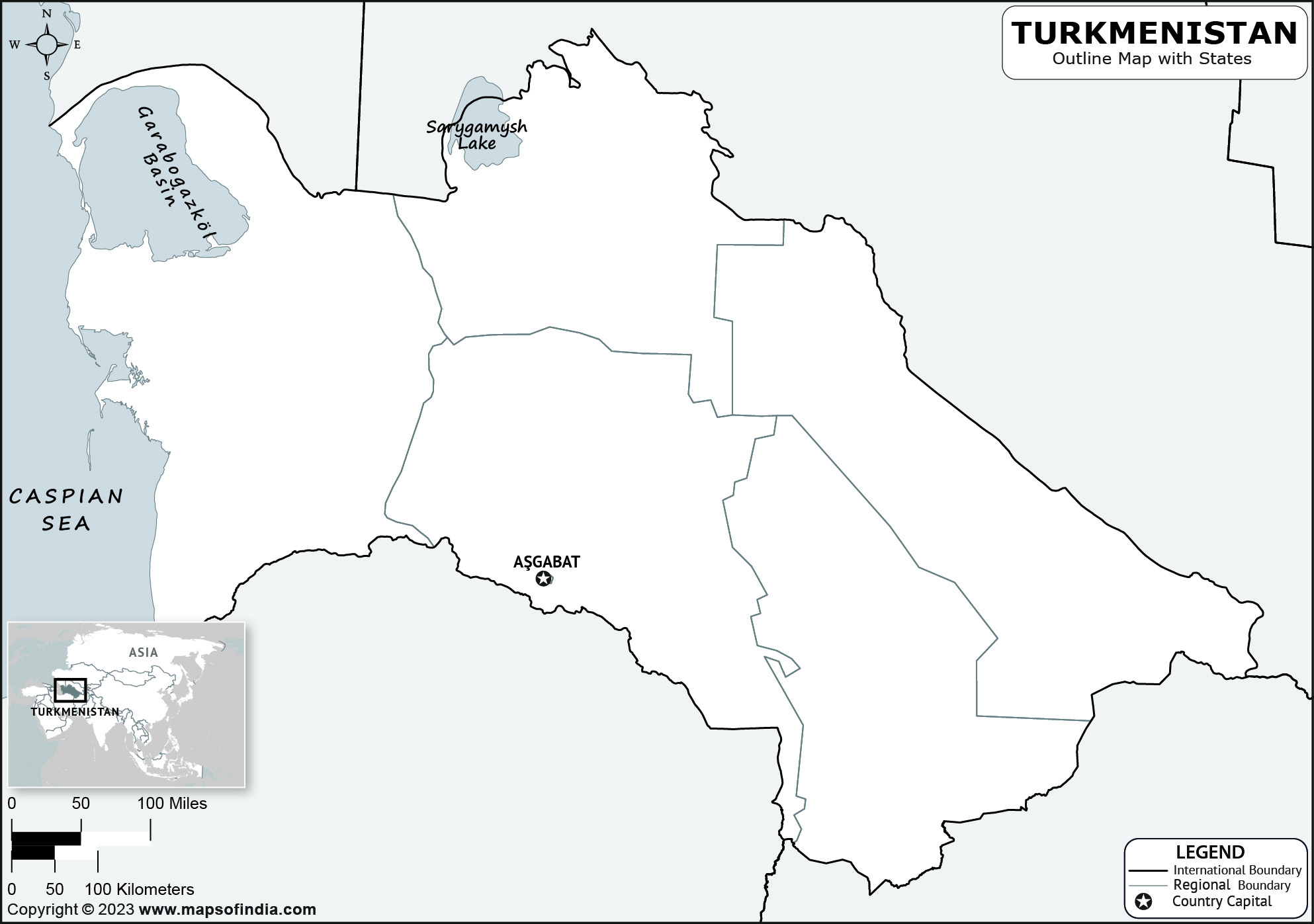 Turkmenistan Outline Map | Turkmenistan Outline Map with State Boundaries