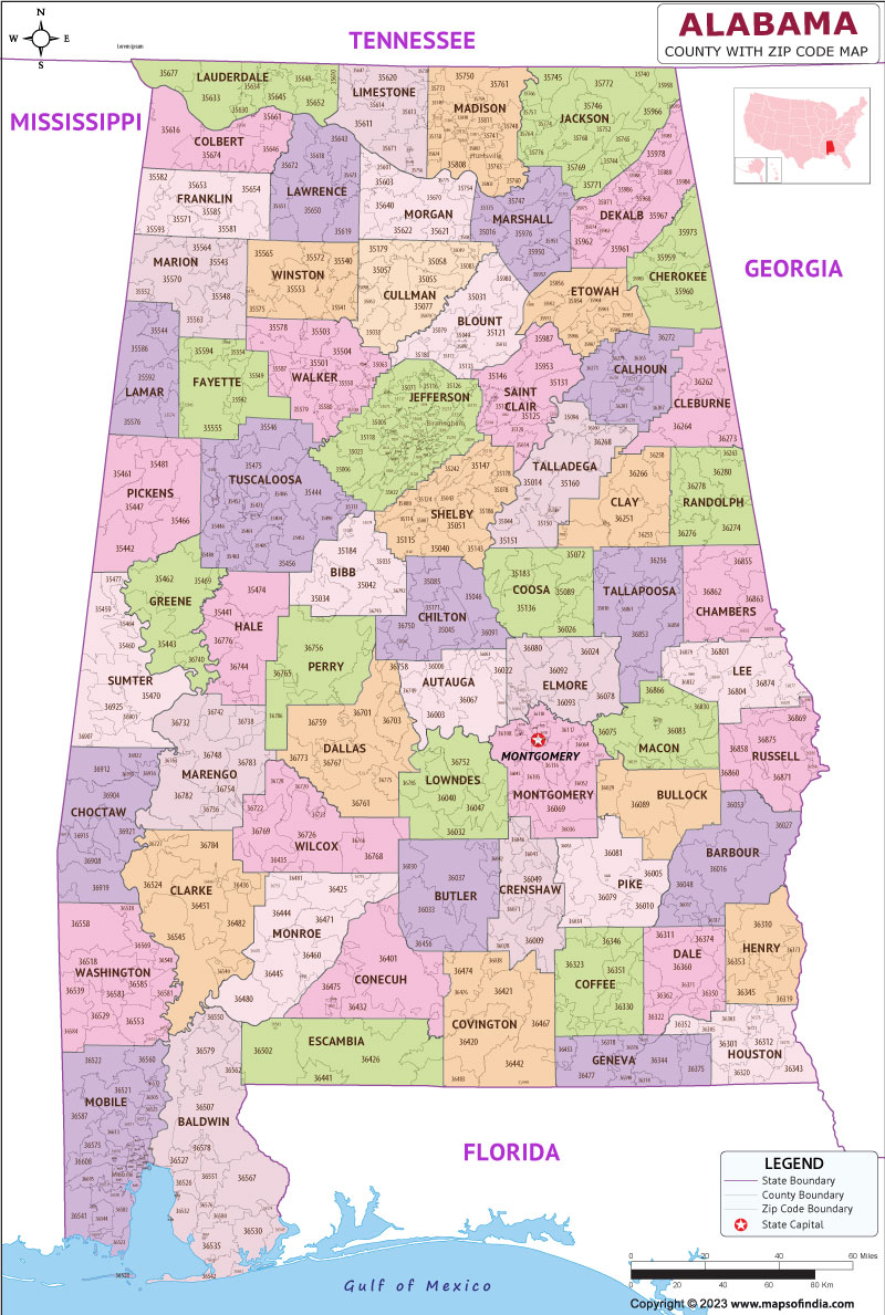 Alabama County Zip Codes Map 6663