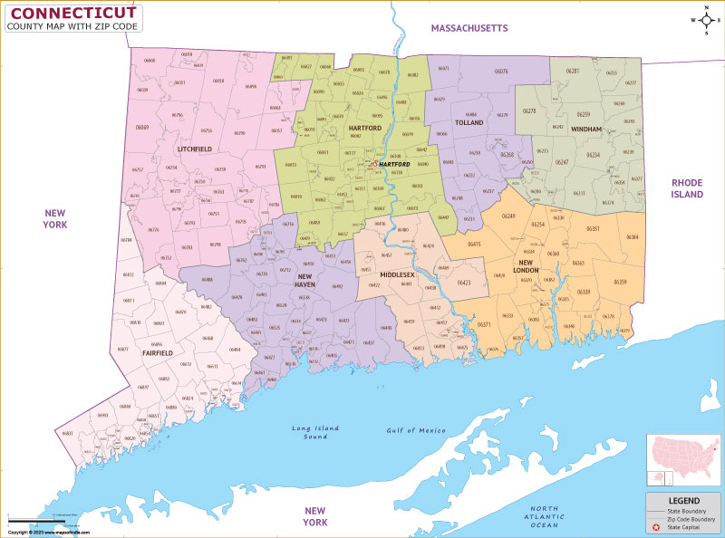 Connecticut County Zip Codes Map