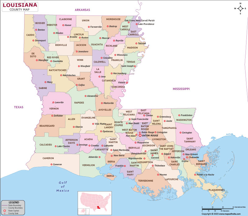 Louisiana map showing state counties