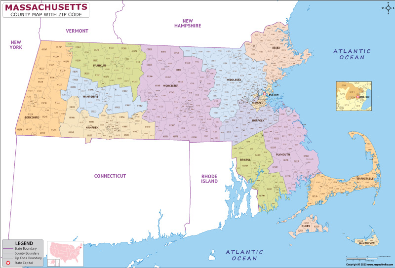 Massachusetts County Zip Codes Map
