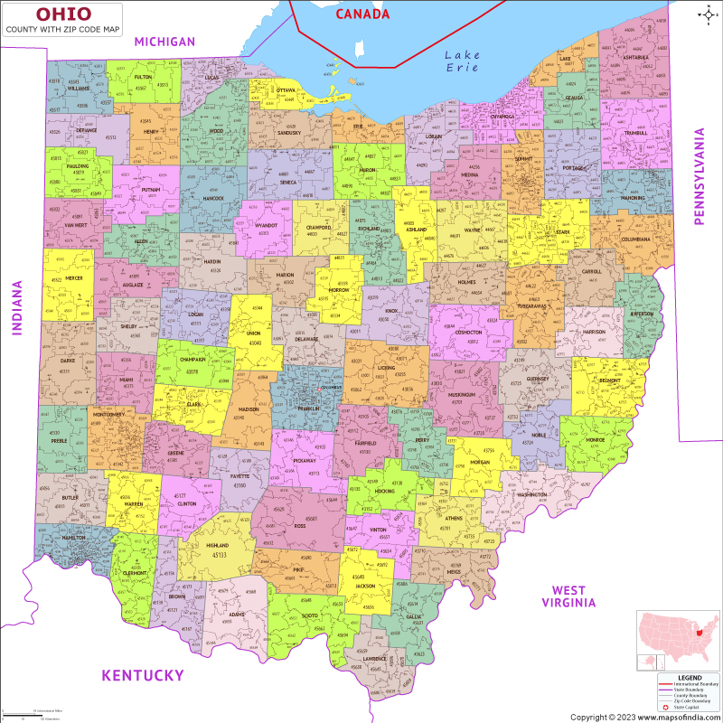 Ohio county-wise zip code map