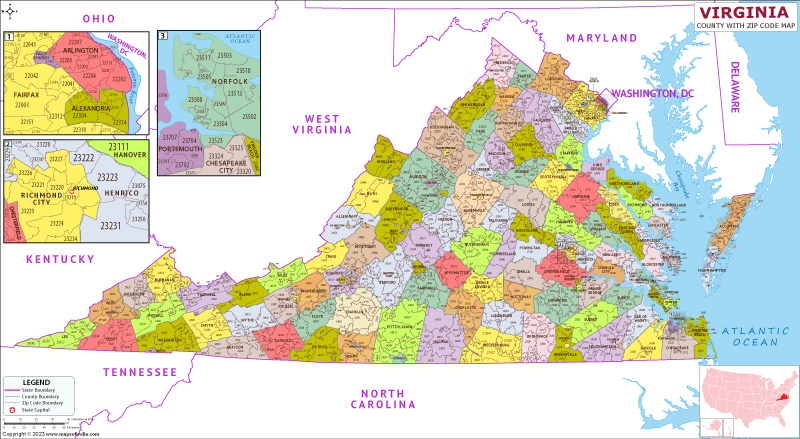 Virginia county-wise zip code map