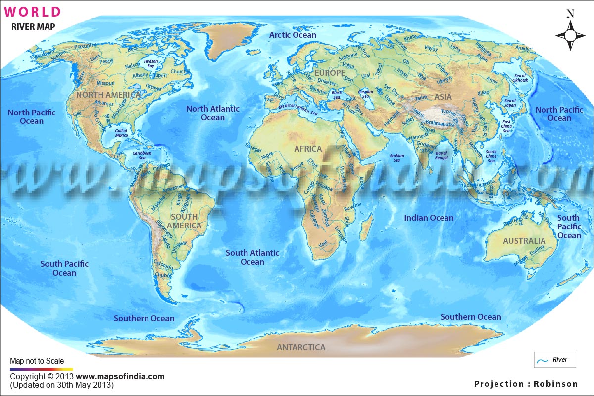 physical world map with rivers and mountains